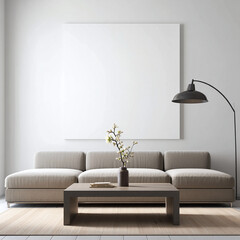 Modern living room with a comfortable sectional sofa a dark wood coffee table and a minimalist floor lamp against a blank canvas