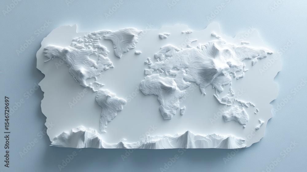 Poster 3d rendered white world map with textured continents and ocean relief.