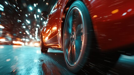 A stunning shot of a red car captured in motion during a night drive, with blurred lights creating a sense of speed and excitement, highlighting the thrill of nighttime adventures.