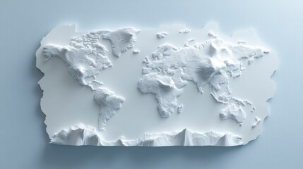 3D rendered white world map with textured continents and ocean relief.