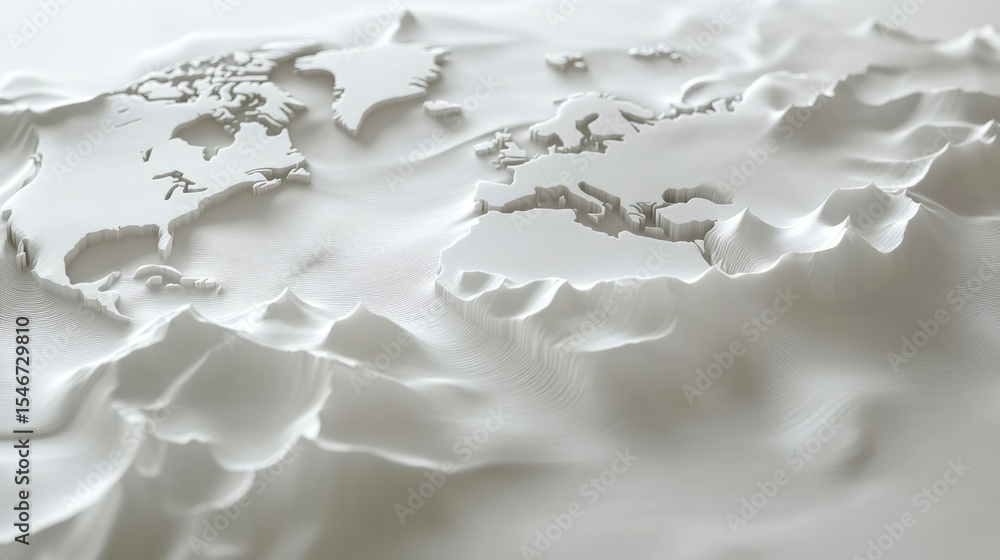 Poster 3d embossed world map on textured white surface.
