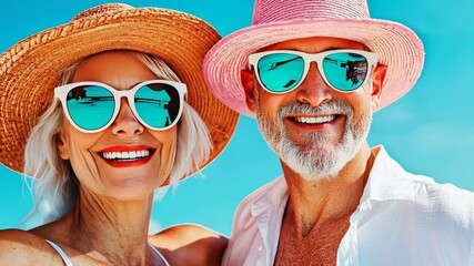Joyful couple enjoying a sunny beach day smiling in bright summer attire