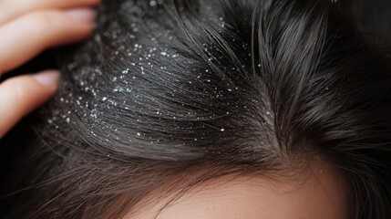 Close up of Hair With Visible Flakes Indicating Dandruff, Showcasing Personal Grooming Challenges in Everyday Life and Emphasizing the Importance of Scalp Care for Healthy Hair