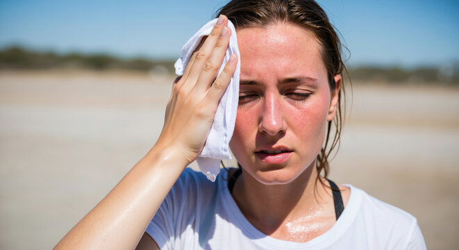 Sweaty woman wiping her forehead with a towel after a workout on a hot beach. Exhaustion and dehydration from exercising in the summer sun. Fitness and health concept