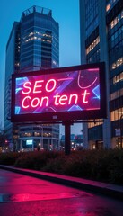 a glowing digital billboard featuring the phrase "seo content" in bold modern typography