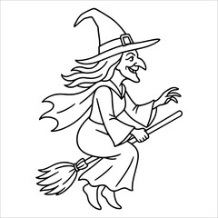 Halloween Witch Outline Drawing.