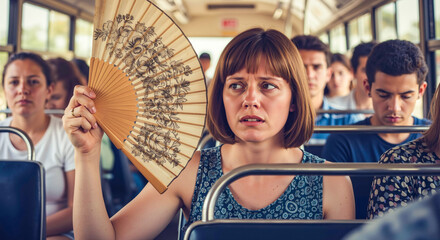 Woman with a concerned expression fanning herself on a crowded, hot bus. Discomfort of public transport during a summer heatwave and the struggle with stuffy conditions