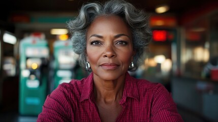 A poised older woman with curly gray hair gazes directly at the camera, embodying confidence and grace in a warm vintage diner setting with retro elements.