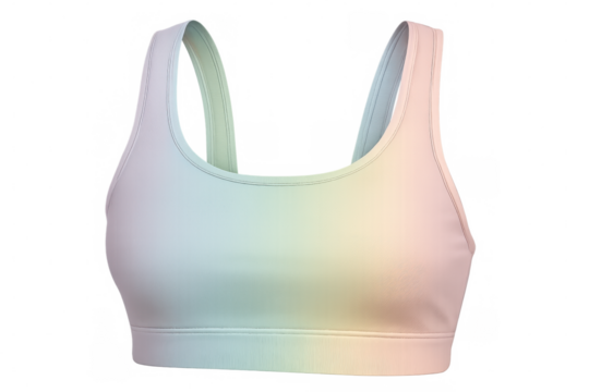 Pastel rainbow sports bra mockup displaying vibrant colors, transparent background highlighting fabric texture and design details