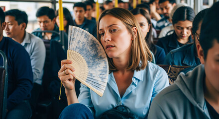 Tired woman in a blue shirt fanning herself on a crowded bus, feeling the heat. Daily commute challenges in summer and coping with high temperatures in public transport