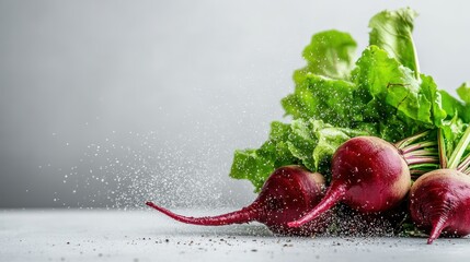 Vibrant red beetroots resting beside fresh leafy greens create an inviting composition, symbolizing health, freshness, and the natural beauty of organic produce.
