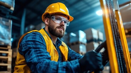 A determined forklift operator intensely focused while navigating through a warehouse, emphasizing the critical role of precision and safety in the logistical industry.
