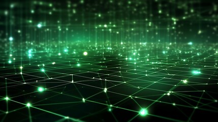 A glowing emerald green matrix of interconnected lines and nodes, resembling a futuristic data network.