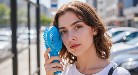 Young woman holding a blue portable fan close to her face to cool down on a sunny day. A close-up portrait showing relief from the summer heat. For beauty and skincare ads