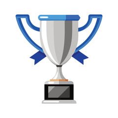 A silver trophy with blue ribbons isolated on white background symbolizes victory and achievement