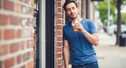 Fototapeta premium Man with eyes closed, enjoying the taste of a cold drink through a straw on a city street. A moment of pure refreshment and relief from the summer heat, leaning on a brick wall