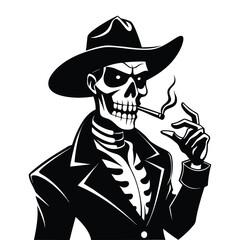 A skeleton cowboy smoking a cigarette in a black and white vector illustration isolated on white background