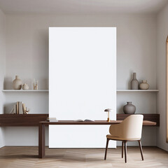 Modern minimalist home office interior with a sleek wooden desk and comfortable chair against a large blank canvas