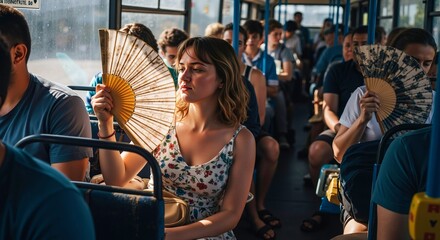 Young blonde woman fanning herself on a hot, crowded bus. Coping with the summer heat during a daily commute in uncomfortable public transport. Urban life struggles