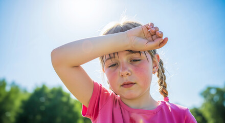 Little girl with braids, tired from the heat, holding her hand to her sweaty forehead. Child suffering from high temperatures outdoors in summer. Sun safety and heatstroke risk for kids
