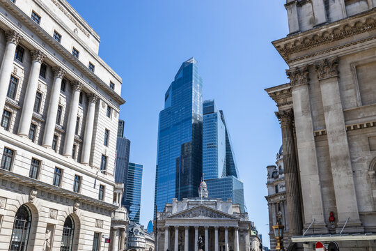 Modern Skyscraper and Historic Architecture in London Financial District