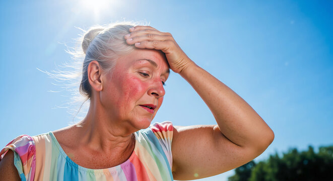 Senior woman with a red, flushed face from sun exposure, hand on her forehead against a blue sky. Experiencing heatstroke or dizziness from the intense summer sun. Health alert for the elderly