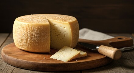 Cheese wheel with several cut slices and visible cheese holes displayed on wooden cheese board. Local farms and agriculture concept. Supermarket sales, food ingredients
