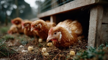 A group of chickens nesting in their coop, protecting their newly hatched chicks, representing care, family, and the beauty of rural life in a serene farm setting.