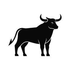 A strong black bull with curved horns stands isolated on white background in a side profile view