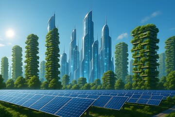 Futuristic Eco City with Solar Panels and Vertical Forests



