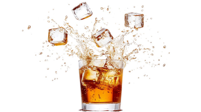 Splashing of coca with ice cubes