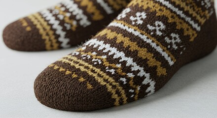 Close-up of Brown and Beige Fair Isle Knit Socks on a Light Gray Surface