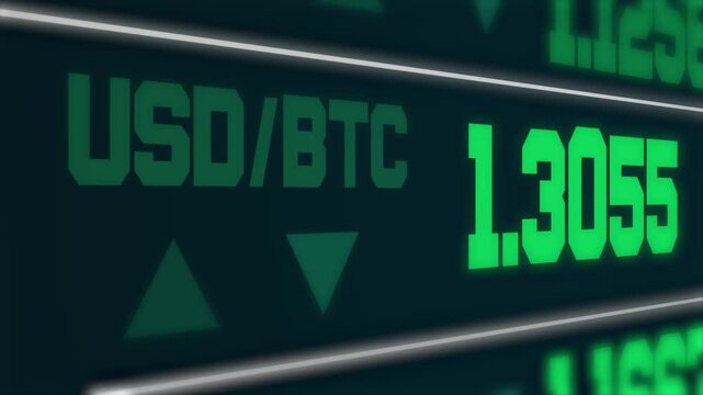 LED Currency Exchange Counter Animation, US Dollar (USD) to Bitcoin (BTC) Strength Visualization, Forex Market Dynamics, USD Rate Display