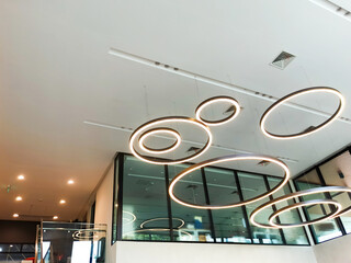 Contemporary Interior with Artistic Ring Pendant Lights