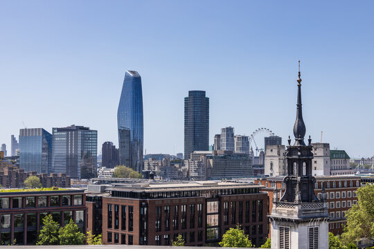 London Skyline with Modern Skyscrapers and Historic Architecture on a Clear Day