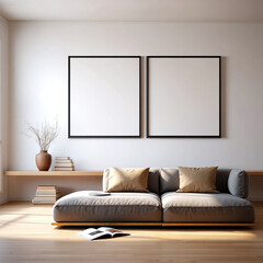 Modern Minimalist Living Room Interior Design with Two Empty Square Frames Mockup