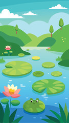 Obraz premium Cartoon illustration of pond with lily pads frog and beautiful landscape