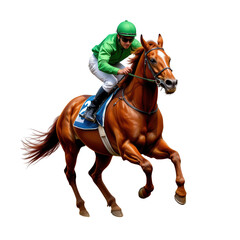 Fototapeta premium Jockey in Green Silks Riding Brown Horse in Full Gallop During Equestrian Competition on Outdoor Track