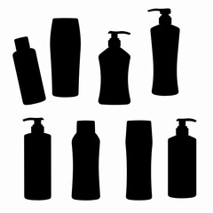 Black cosmetic bottles silhouette assortment on white background