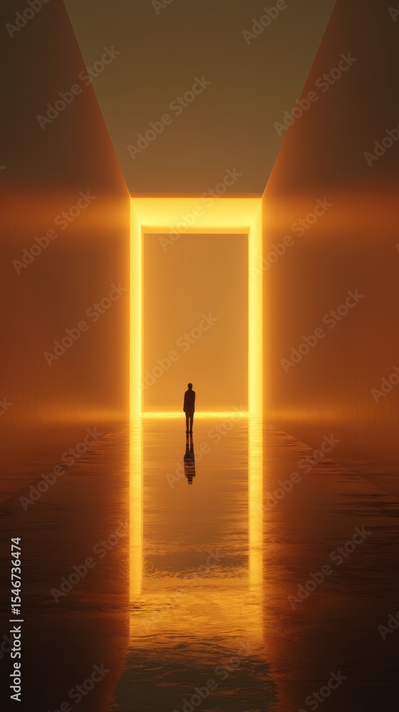 Poster exploring a minimalist architectural corridor illuminated by golden light, with a solitary figure re