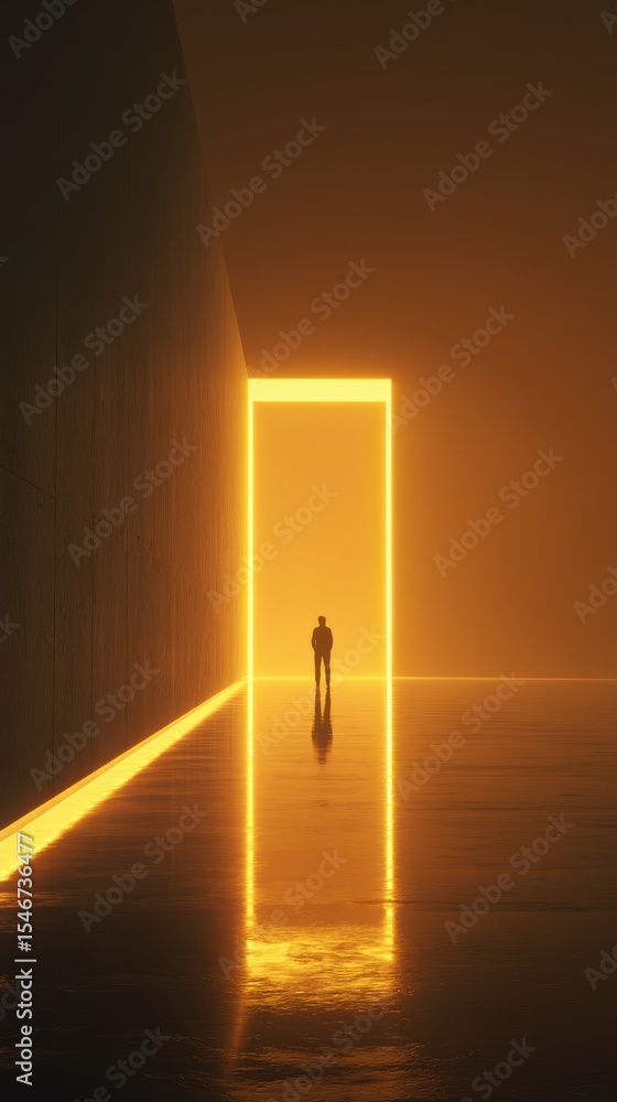 Poster exploring the ethereal glow of a minimalist corridor, where a lone figure stands in contemplation be