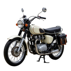 Vintage motorcycle with sleek design and chrome accents parked on a plain background, highlighting classic features