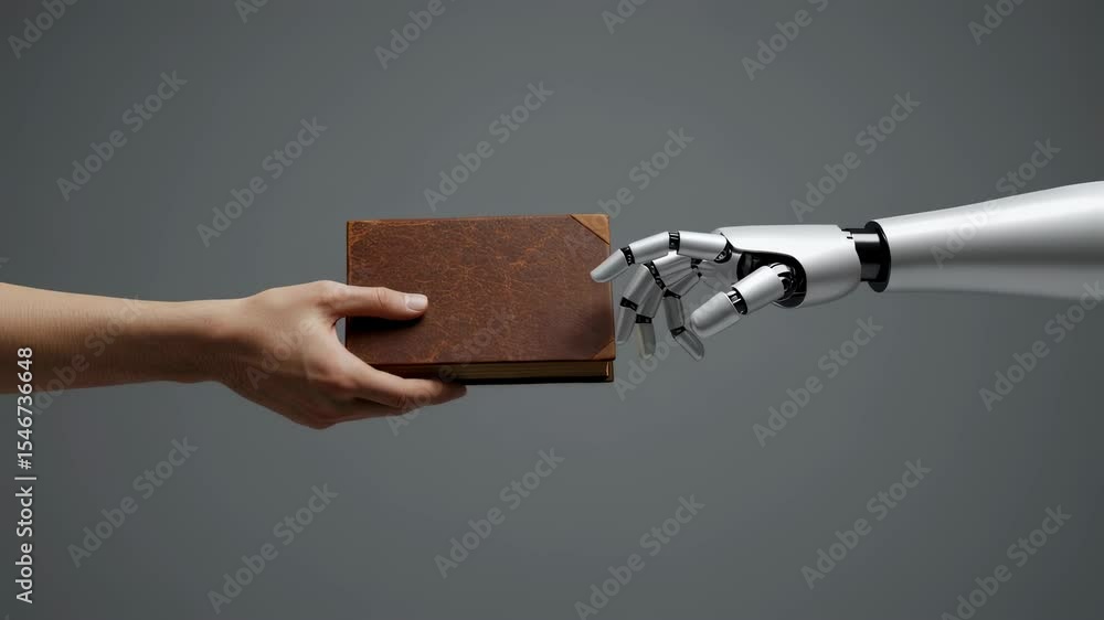 Poster human hand passing old book to robot hand. artificial intelligence learning and sharing knowledge. f