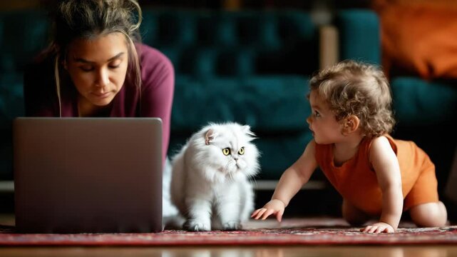 A woman mother working on her laptop while watching over the baby and cat playing together at home. The focus is on a white Persian kitten standing next to the woman, looking at the camera.