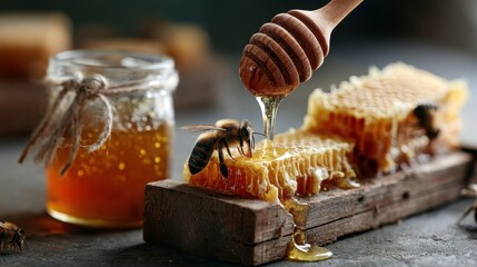 A close-up of honeycomb with dripping honey and a bee, beautifully portraying nature's bounty and the importance of bees in maintaining the ecosystem and food supply.