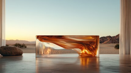 An elegant abstract piece featuring a liquid-like table against a stunning desert backdrop, symbolizing fluidity, creativity, and the merging of art with nature.