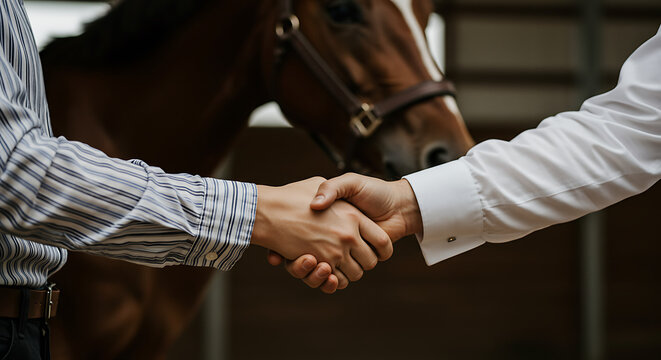 Business handshake in front of a horse