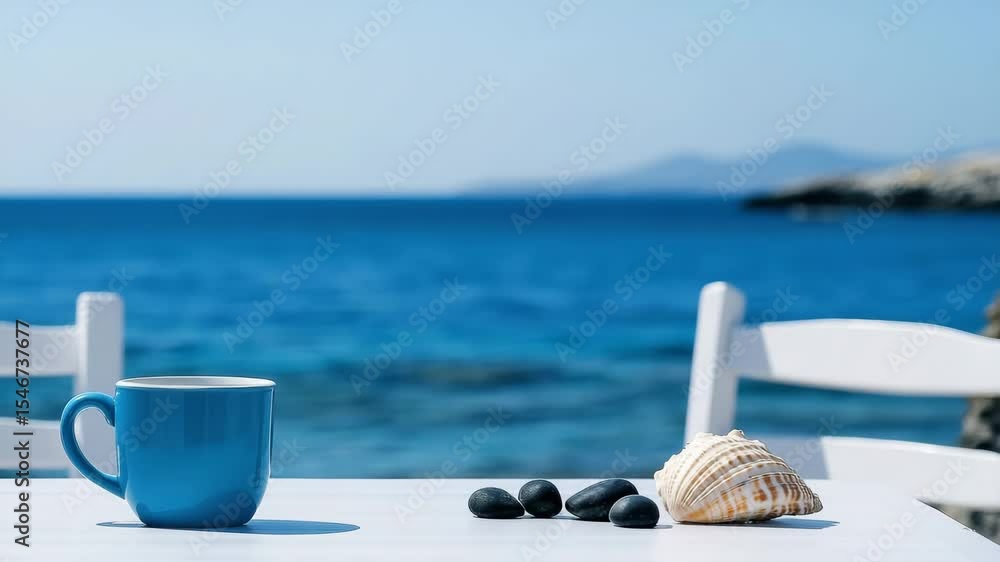 Poster a blue coffee mug sits on a table in front of the sea, surrounded by shells and black pebbles. white