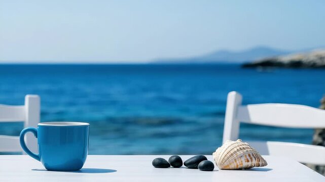 A blue coffee mug sits on a table in front of the sea, surrounded by shells and black pebbles. White chairs surround the table, a mountain landscape serves as a backdrop, and above it is a blue sky.
