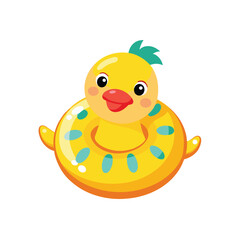 Cartoon yellow rubber duck with inflatable swim ring isolated on white background